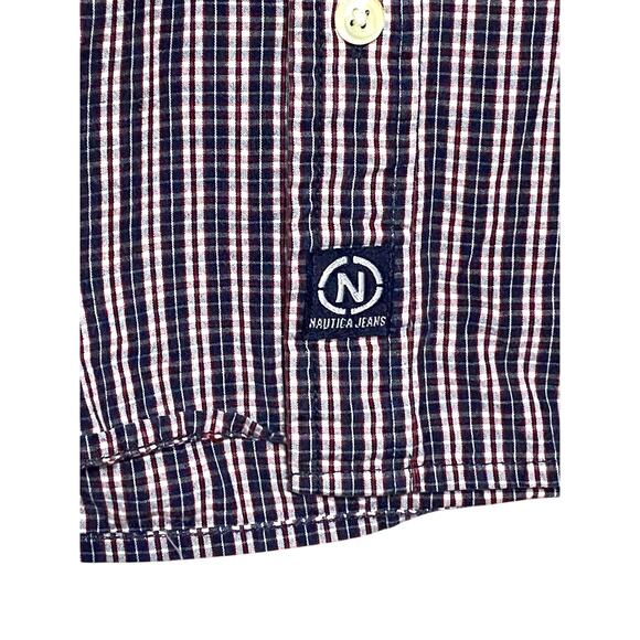 Nautica Button Down LS Dress Shirt Boys L 16-18 Preppy Red Blue Plaid Classic - Picture 3 of 6